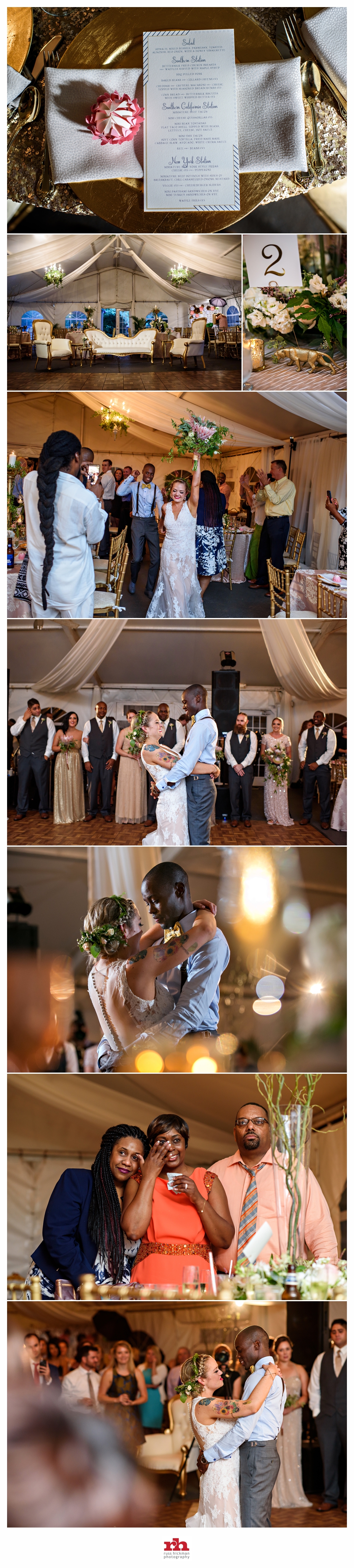 A wedding couple enter their reception at the elkridge furnace inn and have their first dance.